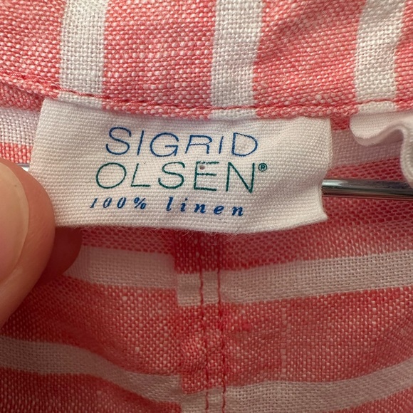 Sigrid Olsen 100% Linen Shift Dress Womens M Coral White Stripe Pockets Boho - Picture 3 of 8